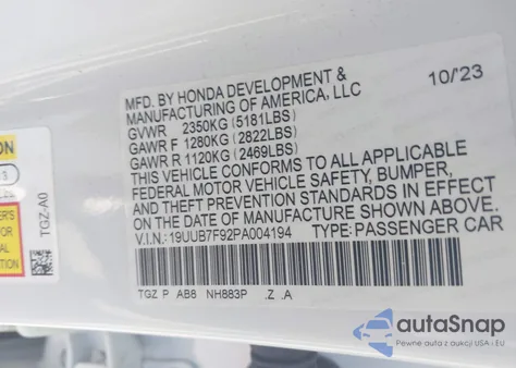 2023 Acura Tlx Type S - Hp Wheel And Tire from USA, damaged, VIN 19UUB7F92PA004194